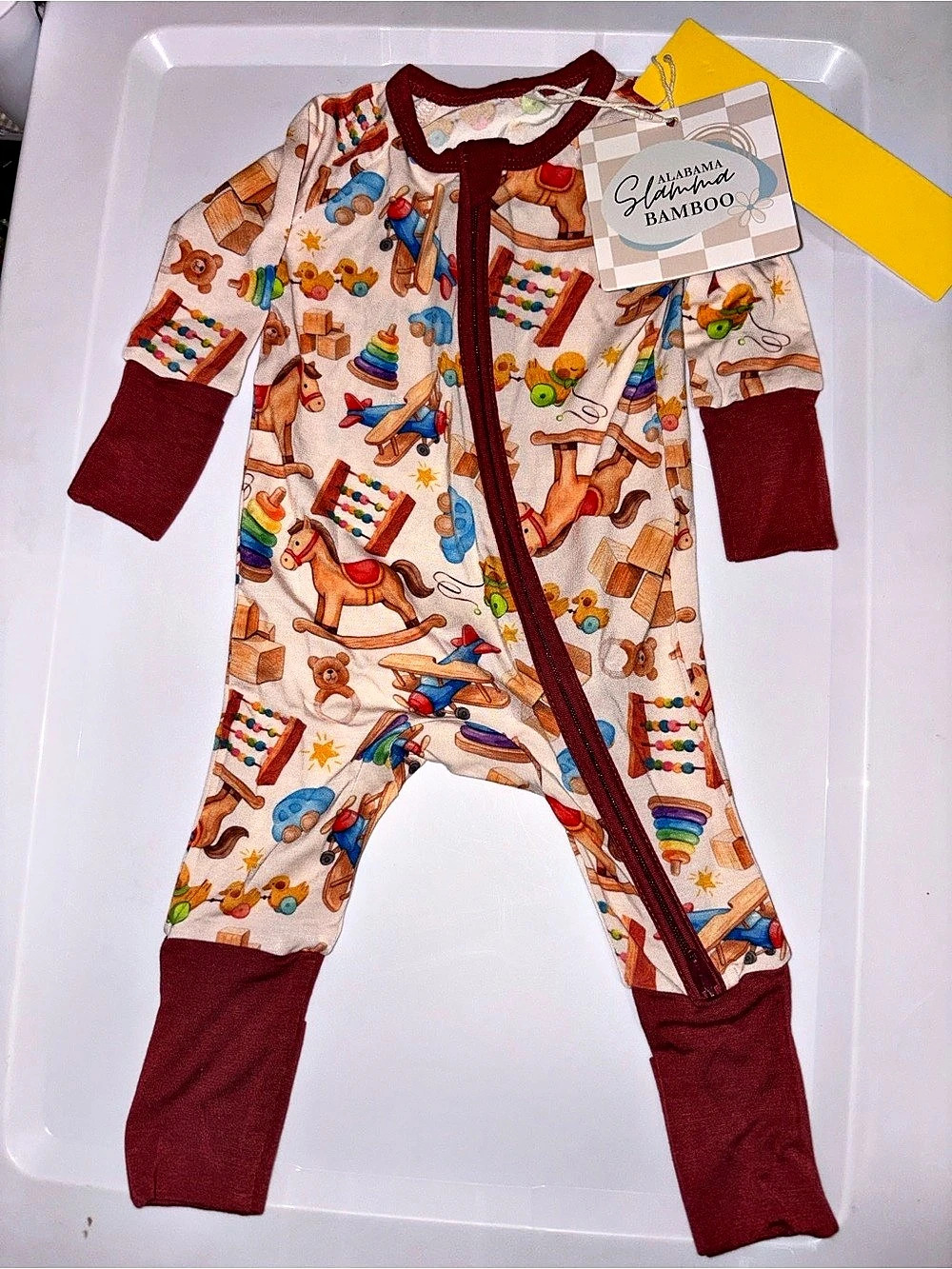 Alabama Slamma Bamboo Toy Print Zippy Footie Cream & Burgundy NWT